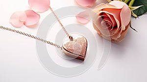 a heart-shaped rose gold pendant necklace on a white background, to accentuate the romanticism and elegance of the