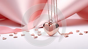 a heart-shaped rose gold pendant necklace on a white background, to accentuate the romanticism and elegance of the