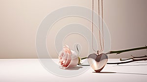 a heart-shaped rose gold pendant necklace on a white background, to accentuate the romanticism and elegance of the