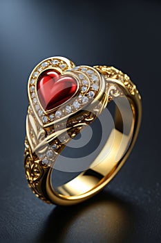 Heart Shaped Ruby Diamond Gold Ring Close up,Generative AI