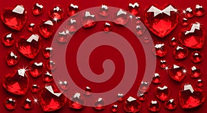 Heart-Shaped Ruby Gems Border on Red Background
