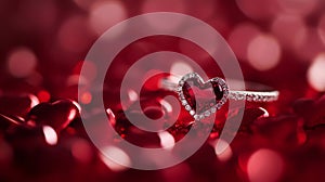 Heart Shaped Ruby Ring on Red Hearts Background