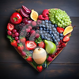 Heart shaped salad with fruits and vegetables, healthy human heart, nutritionist