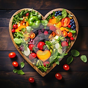 Heart shaped salad with fruits and vegetables, healthy human heart, nutritionist