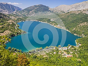 Heart-shaped Scanno lake, the most famous and romantic lake in Abruzzo national Park, central Italy photo