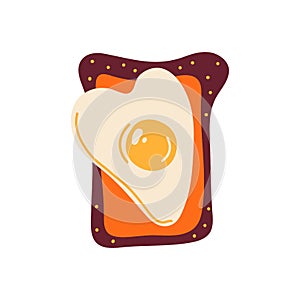 Heart shaped scrambled eggs on fried toast. Romantic breakfast. Healthy sandwich. Cartoon fried egg on a piece of