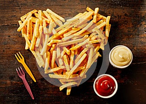 Heart shaped serving of French Fries with dips