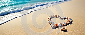 Heart-shaped shells on sandy beach with ocean waves in background
