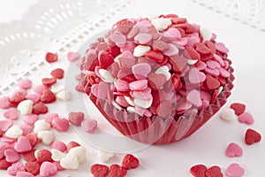 Heart shaped sprinkles. Closeup