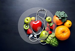 a heart shaped stethoscope is surrounded by fruits and vegetables