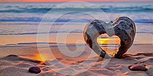 A heart-shaped stone rests on the sandy shore.