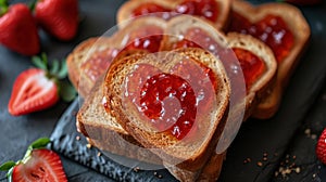 Heart-shaped strawberry jam on toast, with fresh berries on side ideal for sweet, romantic breakfast Valentine\'s treat