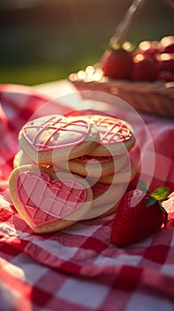 Heart-Shaped Sugar Cookies on Picnic Blanket