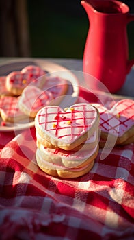 Heart-Shaped Sugar Cookies on Picnic Blanket