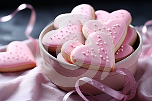 Heart-Shaped Sugar Cookies with Pink Icing, Romantic Valentine\'s Day Treat