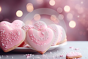 Heart-Shaped Sugar Cookies with Pink Icing, Romantic Valentine\'s Day Treat
