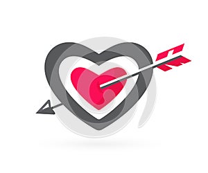 Heart-shaped target pierced with arrow. Lovestruck, vector symbol