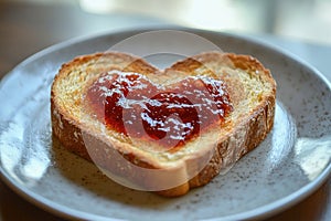 Heart-shaped toast with cherry jam