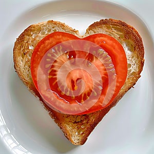 Heart shaped toast with a juicy tomato. Healthy eating.