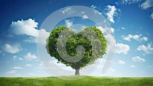Heart shaped tree on a green field with blue sky and white clouds. Generative AI.