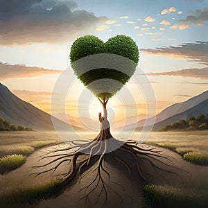 Heart shaped tree growing on green grass. Love