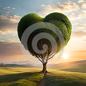 Heart shaped tree growing on green grass. Love