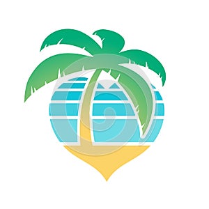 Heart shaped tropical beach and palm tree icon