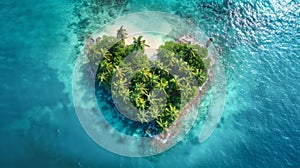 A heart-shaped tropical island paradise in the open ocean