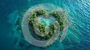 A heart-shaped tropical island paradise in the open ocean