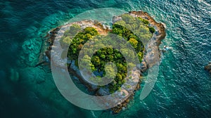 A heart-shaped tropical island paradise in the open ocean