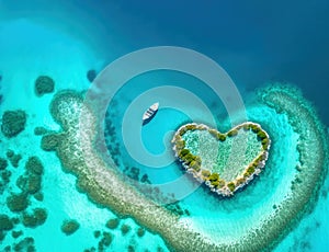 heart shaped tropical island reef with boat, aerial view symbolizing love, with empty negative space, generative ai