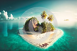 heart-shaped tropical island with white sand beach and palm trees