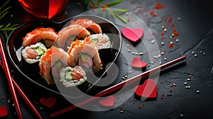 Heart shaped Valentine day sushi set. Classic sushi rolls, philadelphia, maki set for two, with two pairs of