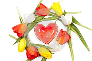 Heart shaped valentine gift with bunch of tulips