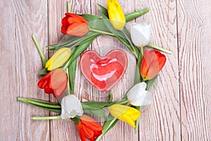 Heart shaped valentine gift with bunch of tulips