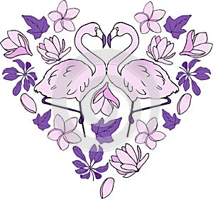 Heart-shaped Valentine with pink Flamingos and exotic flowers. The entire greeting card in pink and violet tones. Original Valenti