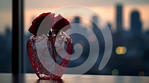 Heart-shaped vase with rose petals on windowsill at dusk