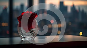 Heart-shaped vase with rose petals on windowsill at dusk