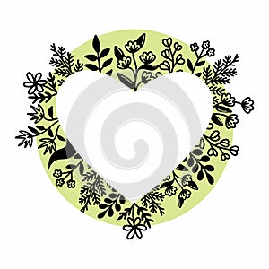 Heart shaped vector floral frame , wreath with leaves and flovers in doodle style. Romantic frame template