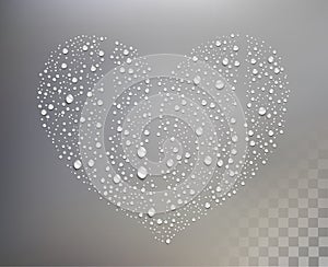 Heart shaped water drops on the transparent background.