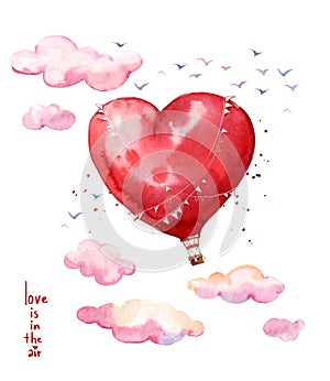 Heart shaped watercolor hot air baloon soaring in the air among clouds, romantic atmosphere