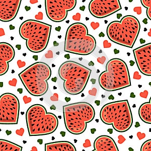 Heart-shaped watermelon slice vector seamless pattern. Stylized juicy fruit seamless texture. Valentine Day