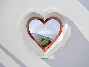 a heart shaped window in a white wall