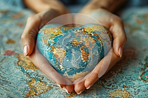 Heart-shaped world in hands for earth day