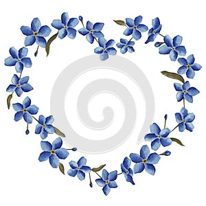 Heart shaped wreath of blue watercolor flowers; wreath of forget