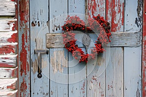 A heart-shaped wreath made of flowers and leaves hangs on a wooden door, A heart-shaped wreath on a rustic farmhouse door, AI