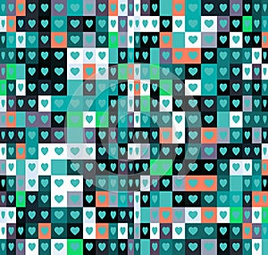 Heart shapes background. Lots of small colorful square shapes.