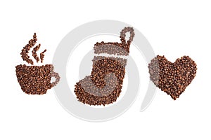 Heart shapes, Christmas stocking and cups made from roasted coffee beans on white isolated background. Design elements. Flat lay