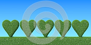 Heart shapes made with green grass. Conceptual 3D rendering