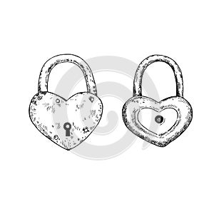 Heart-shapes padlocks in retro style. Hand-drawn black and white design elements. Vector illustration